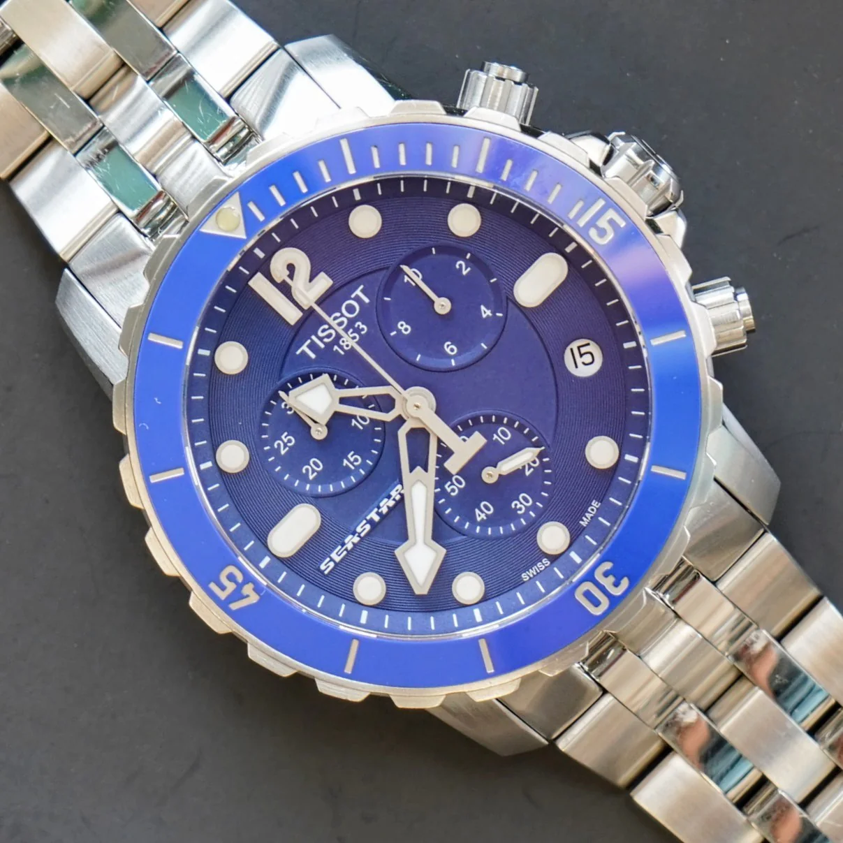 TISSOT Seastar Chronograph Watch Blue Dial & Bezel ALL S.S. T066417A Quartz Wristwatch - Image 12