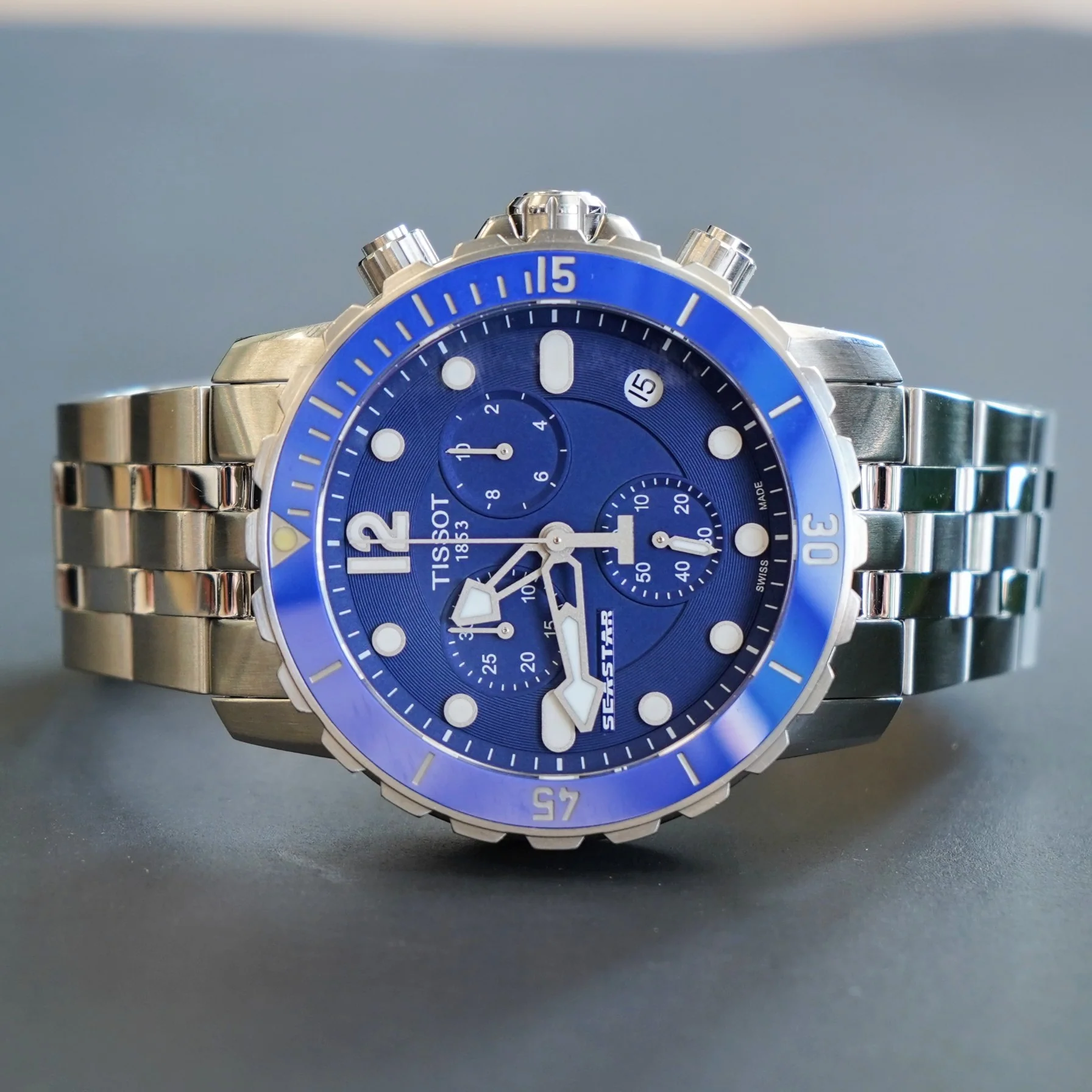 TISSOT Seastar Chronograph Watch Blue Dial & Bezel ALL S.S. T066417A Quartz Wristwatch - Image 8