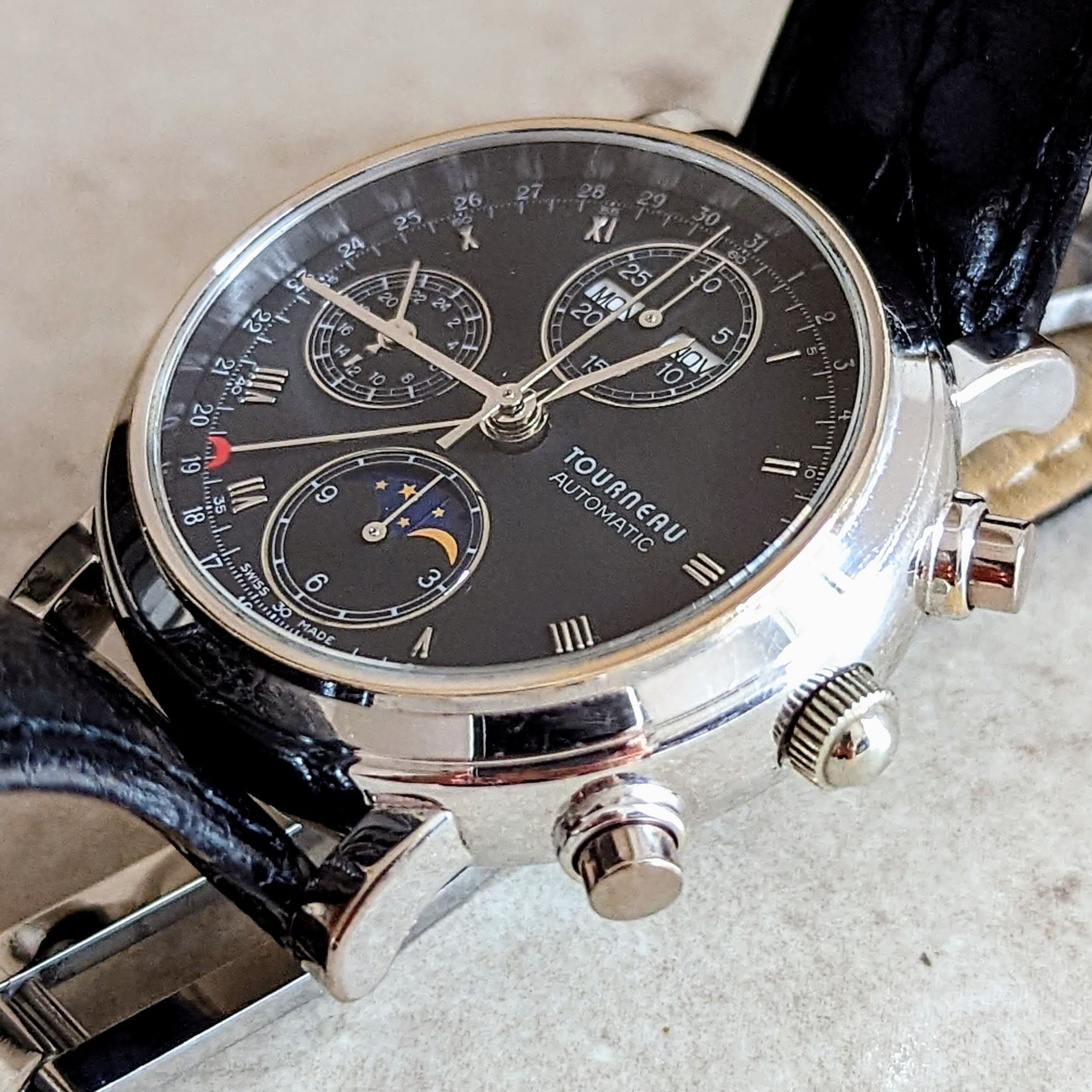 TOURNEAU Automatic Watch Day/Date Moonphase Chronograph 18K Gold Wristwatch - Image 10