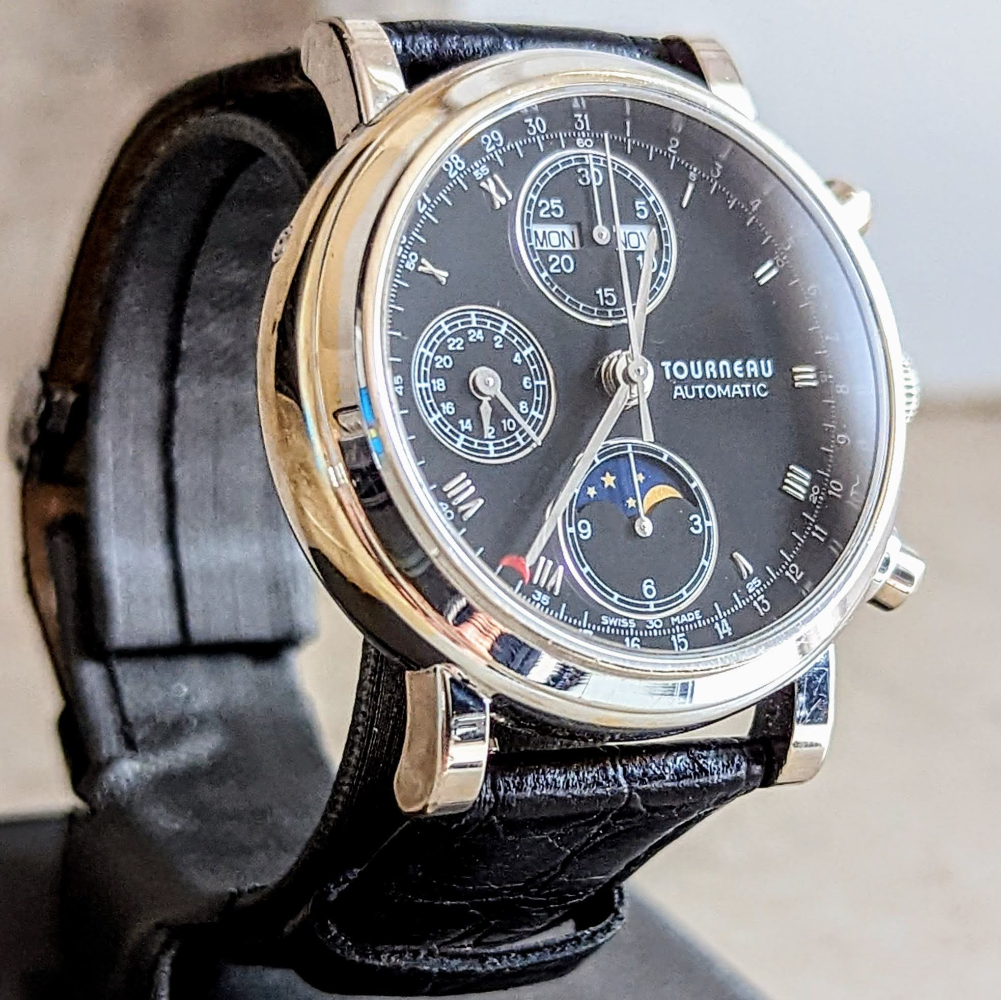 TOURNEAU Automatic Watch Day/Date Moonphase Chronograph 18K Gold Wristwatch - Image 3