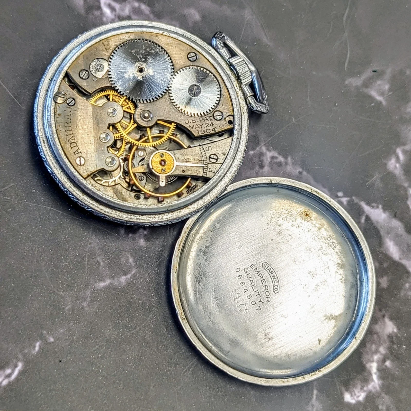 Vintage ADMIRAL Pocket Watch Openface Swiss Made Movement Silver-Tone Engraved Case - Image 10