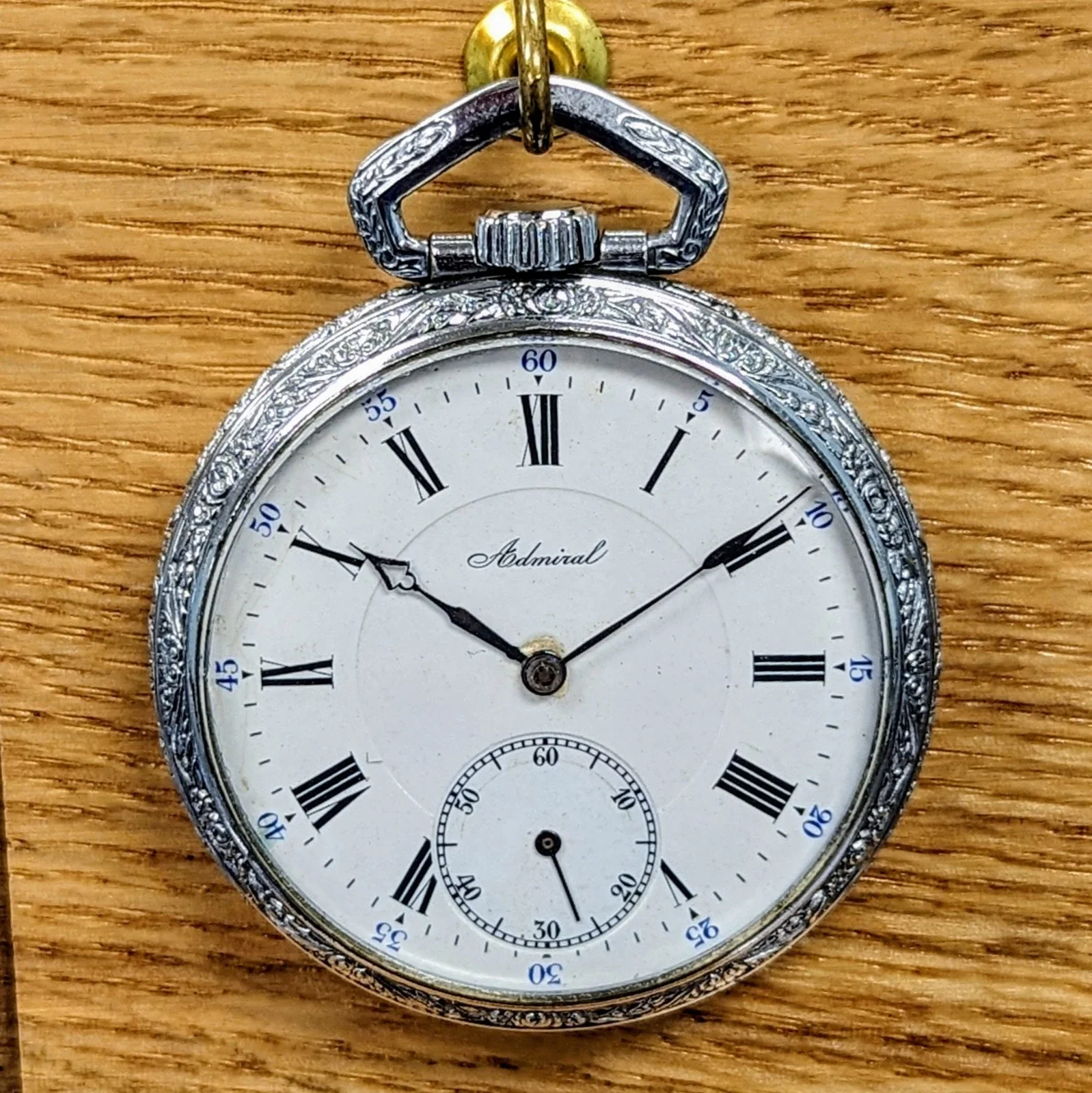 Vintage ADMIRAL Pocket Watch Openface Swiss Made Movement Silver-Tone Engraved Case - Image 3