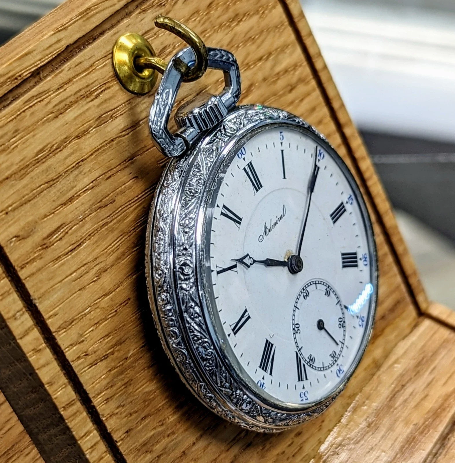 Vintage ADMIRAL Pocket Watch Openface Swiss Made Movement Silver-Tone Engraved Case - Image 4