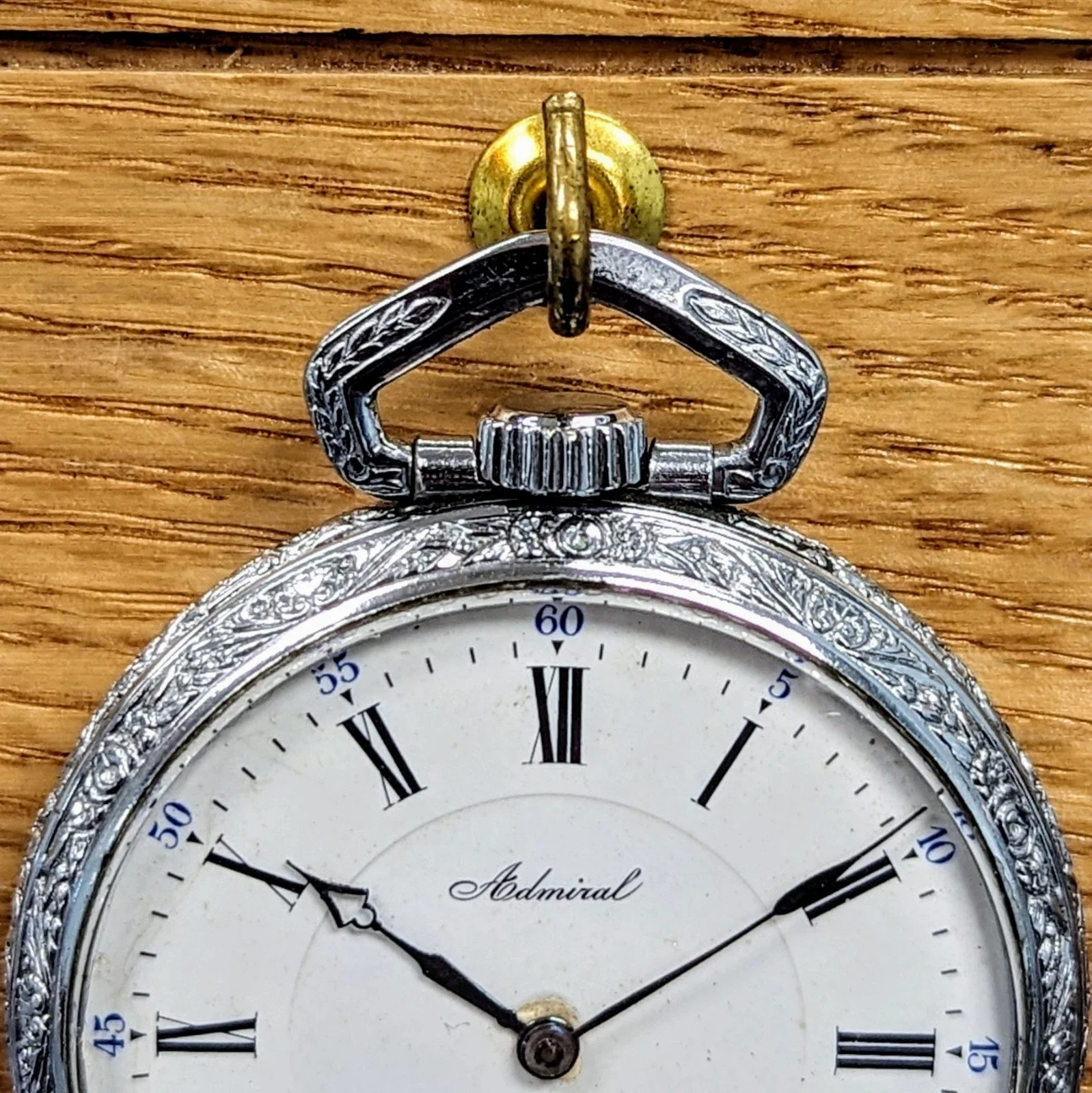 Vintage ADMIRAL Pocket Watch Openface Swiss Made Movement Silver-Tone Engraved Case - Image 5