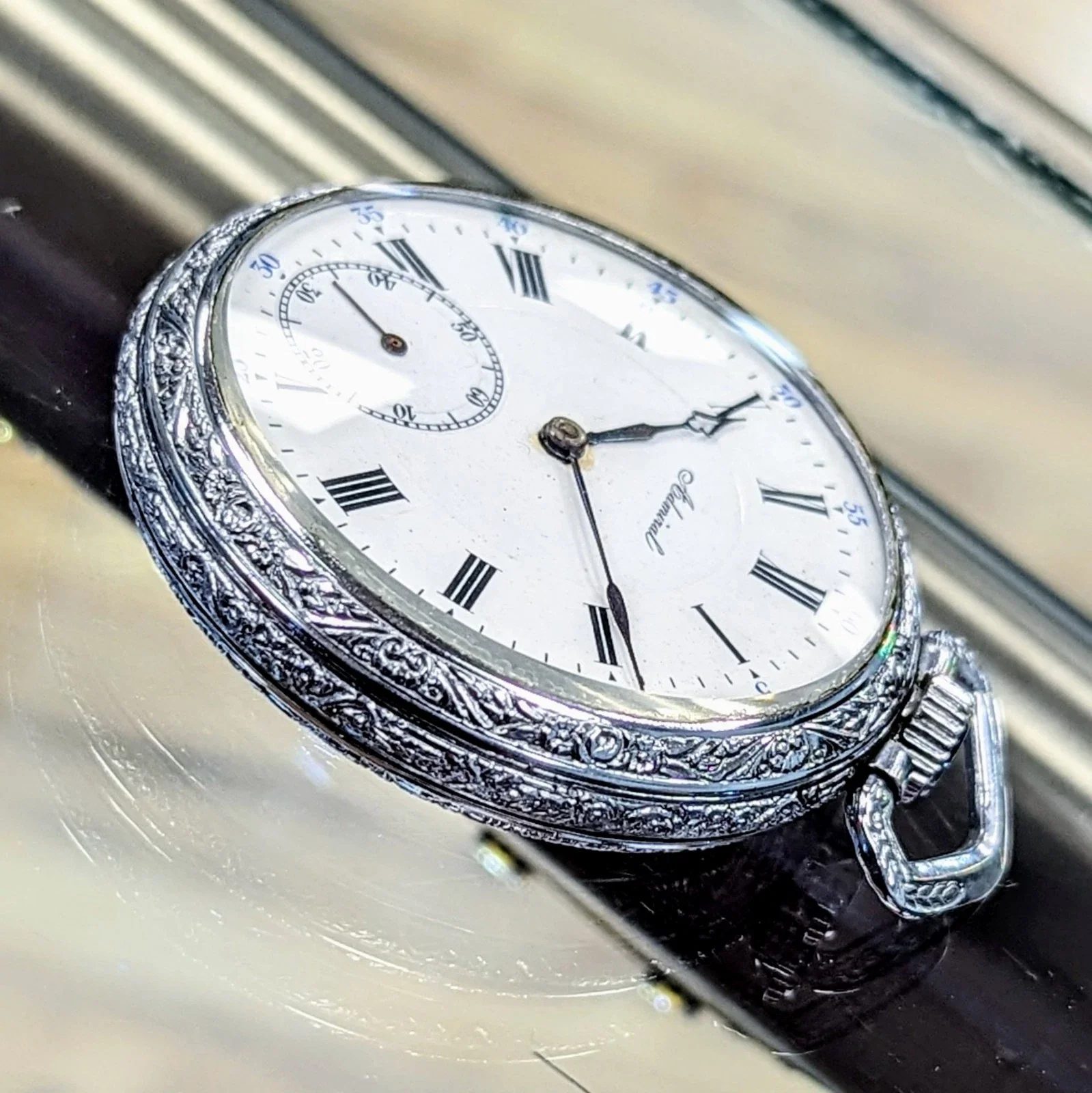Vintage ADMIRAL Pocket Watch Openface Swiss Made Movement Silver-Tone Engraved Case - Image 7