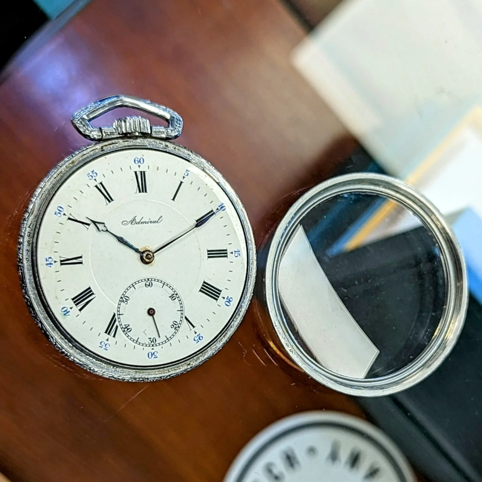 Vintage ADMIRAL Pocket Watch Openface Swiss Made Movement Silver-Tone Engraved Case - Image 8