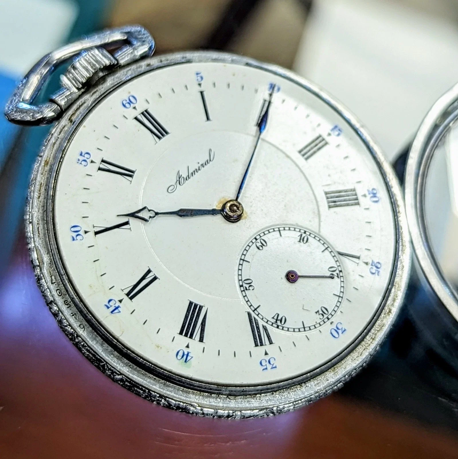 Vintage ADMIRAL Pocket Watch Openface Swiss Made Movement Silver-Tone Engraved Case - Image 9