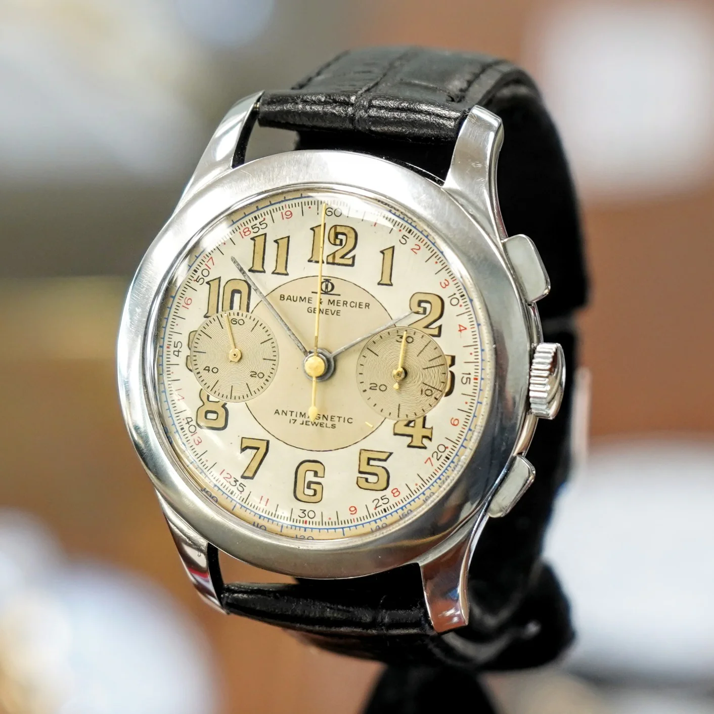 Vintage BAUME & MERCIER Geneve Chronograph Watch Antimagnetic 17 Jewels 39mm Swiss Made - Image 4