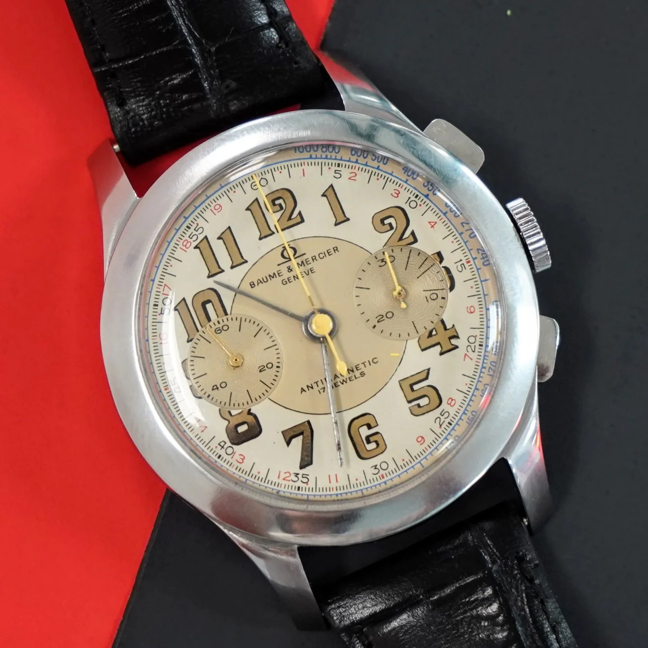 Vintage BAUME & MERCIER Geneve Chronograph Watch Antimagnetic 17 Jewels 39mm Swiss Made - Image 8