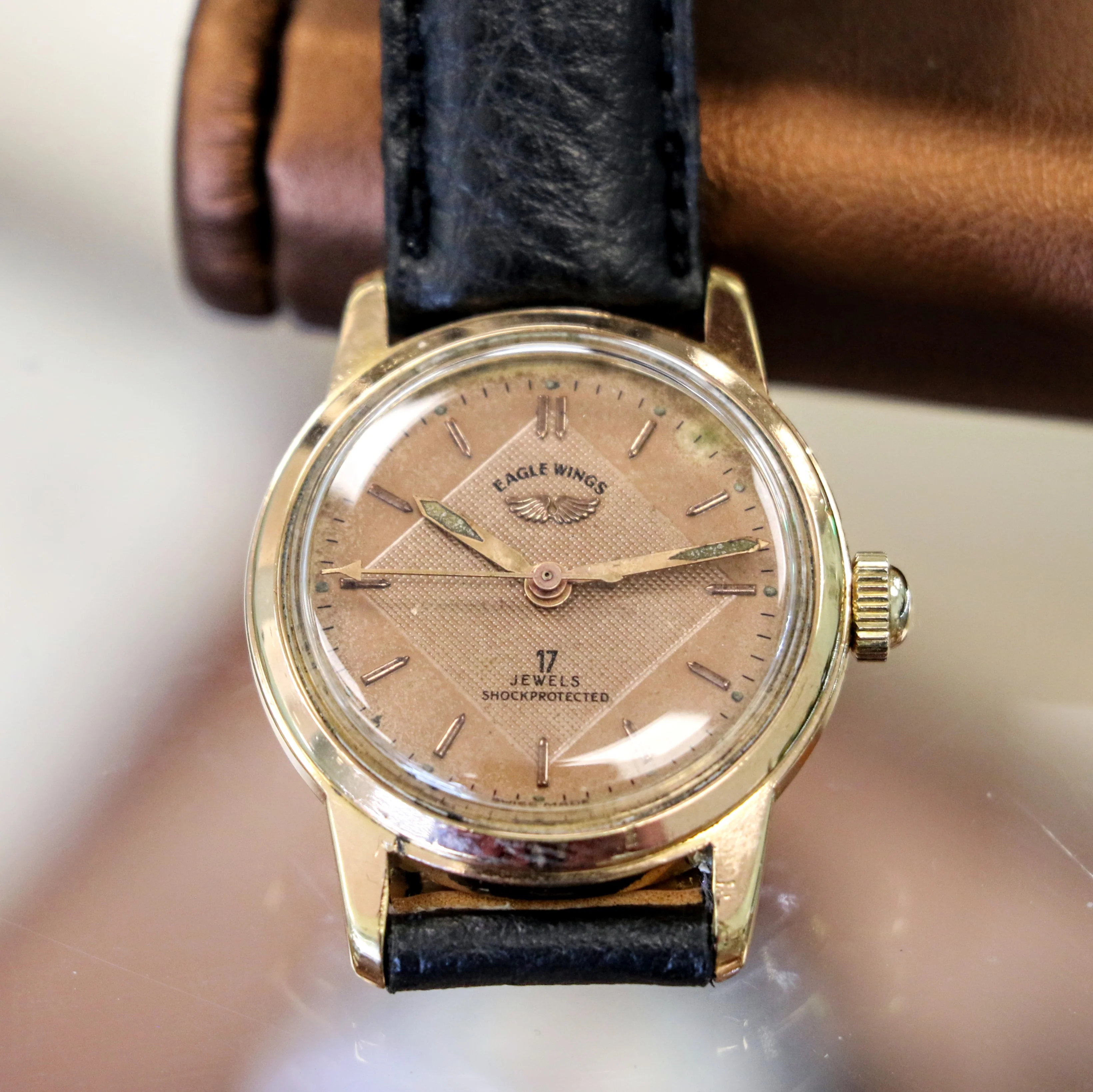 Vintage EAGLE WINGS Shockprotecter Watch 17 Jewels Cal. FE 8020 Rose Gold Tone Swiss Wristwatch - Image 7