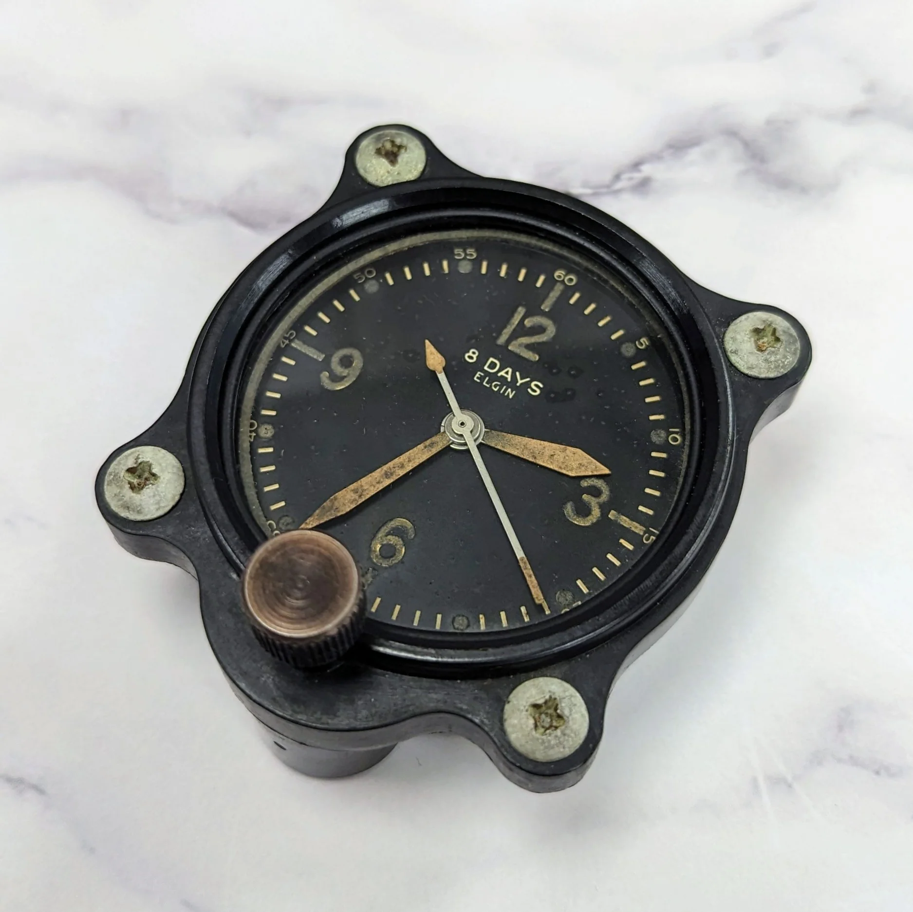 Vintage Elgin WWII Aircraft Clock 8 Days Manual-Wind - ALL Black - Snyder Tag - Image 2