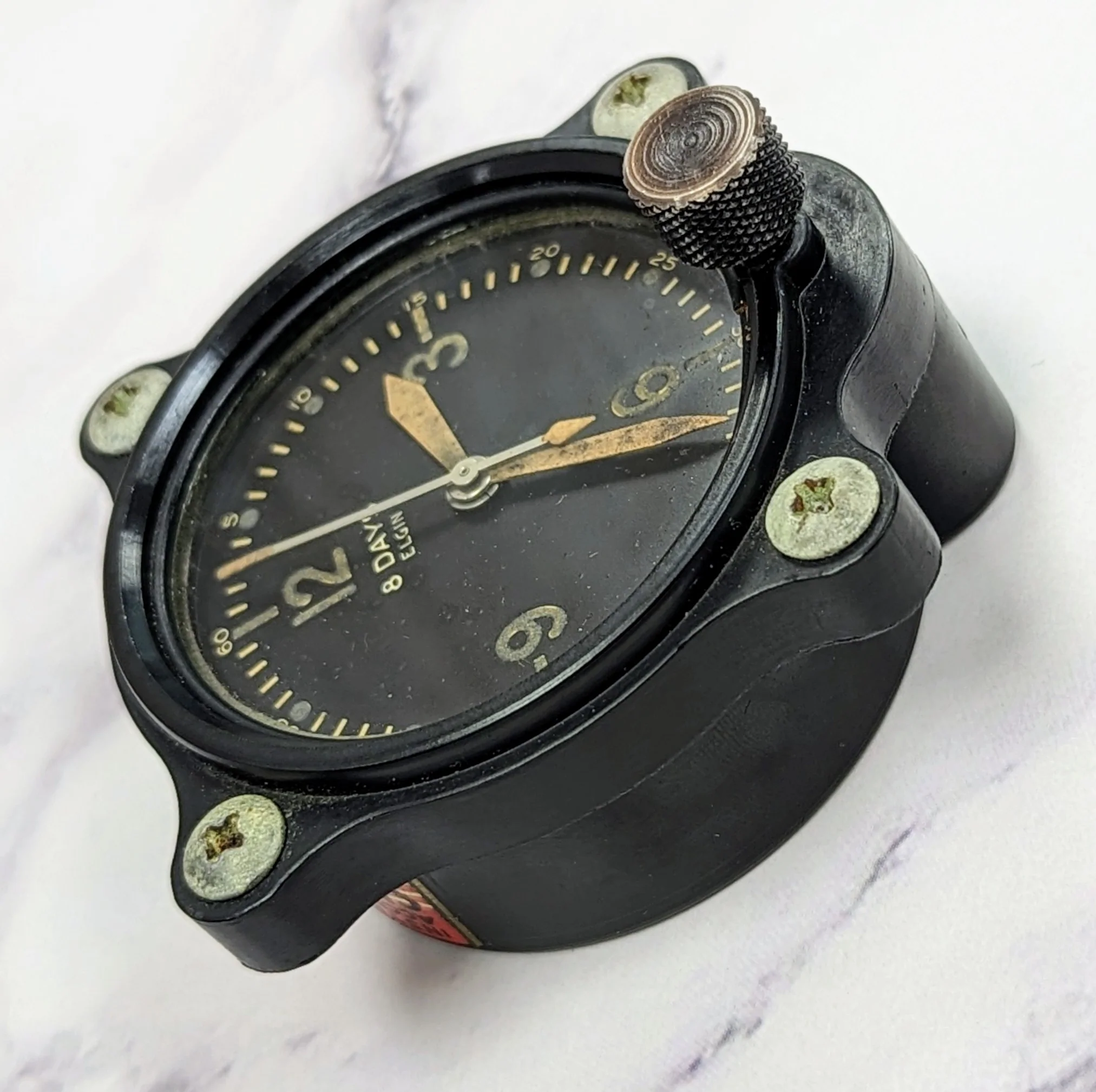 Vintage Elgin WWII Aircraft Clock 8 Days Manual-Wind - ALL Black - Snyder Tag - Image 4