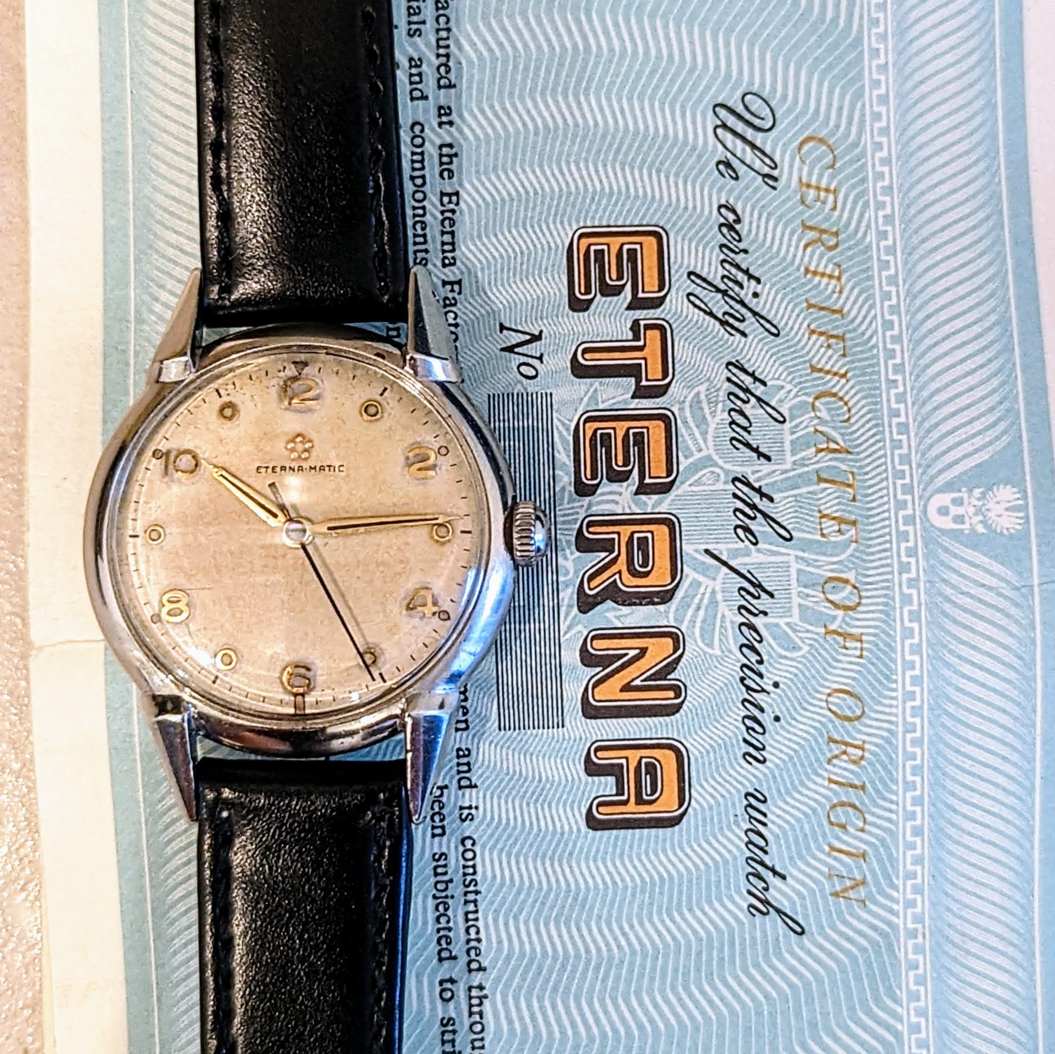1950s ETERNA-MATIC Watch Vintage Automatic Wristwatch Fancy Lugs! - Box + Papers!