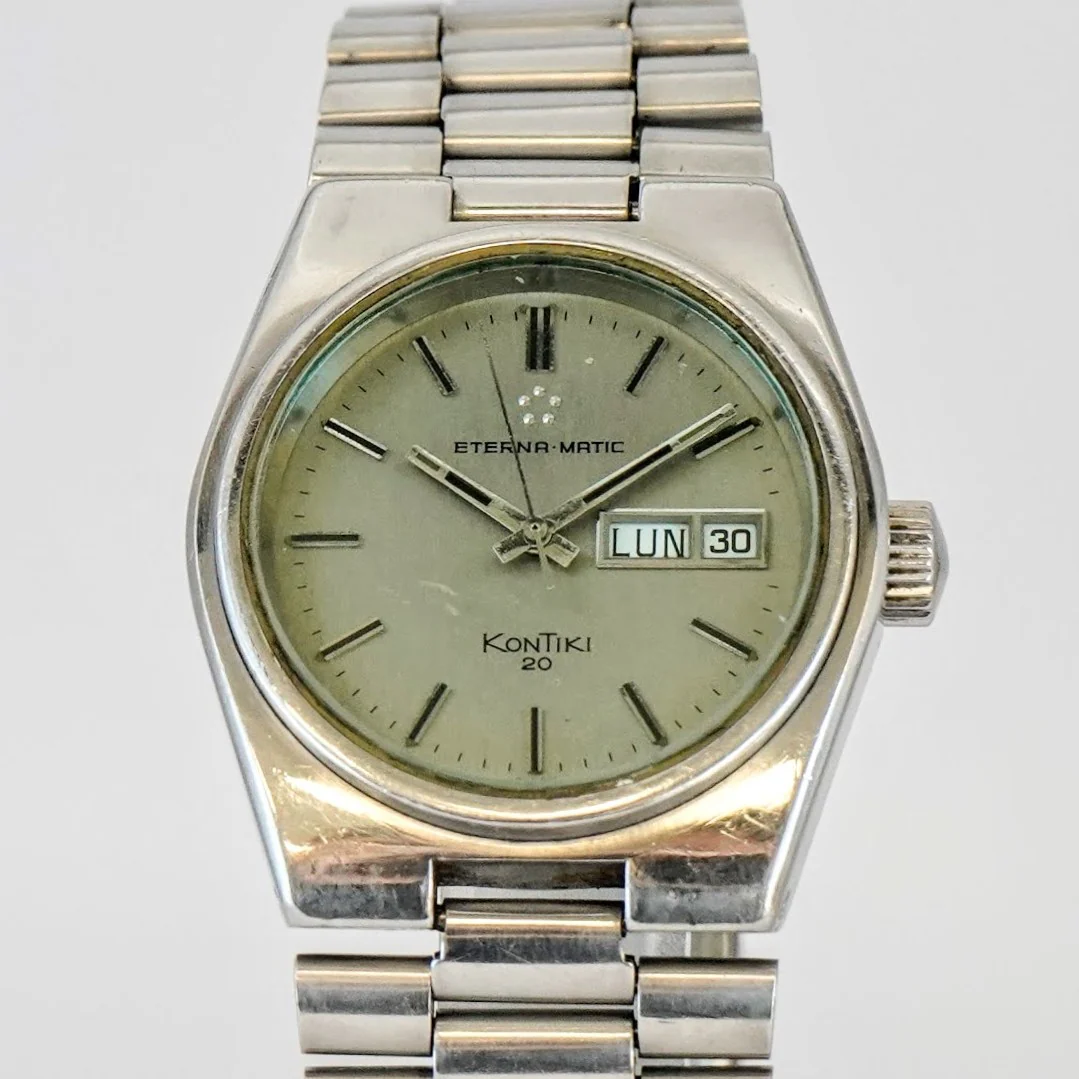 Vintage Eterna-Matic Kontiki 20 Watch Day/Date 37mm ALL S.S. - Original Bracelet