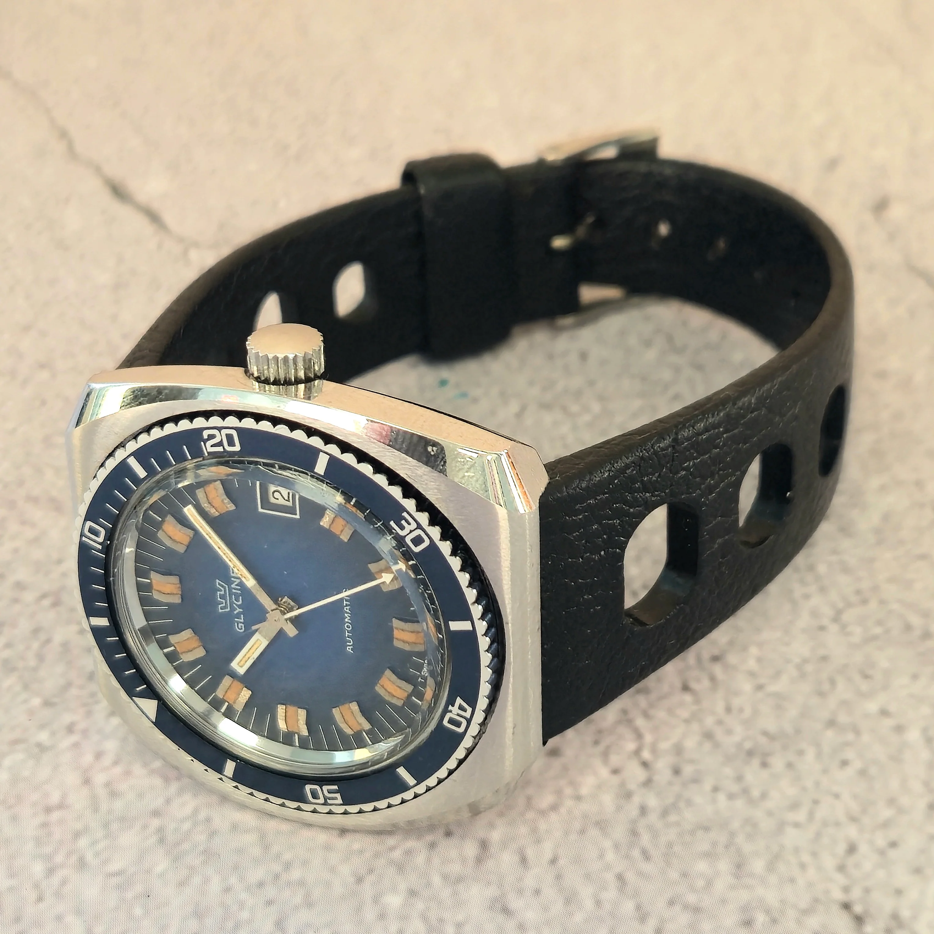 Vintage Glycine Airman Automatic Watch 313 144 Date Blue Dial Diver Wristwatch - Blue Dial & Blue Bezel - Image 10