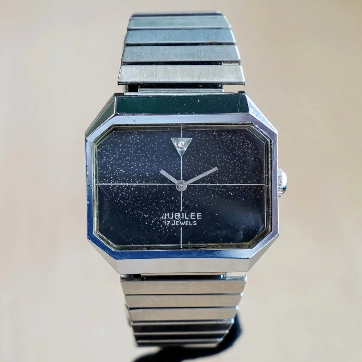 Vintage JUBILEE Watch 17 Jewels Diamond Dial S.S. Flex Bracelet Octagonal Case Wristwatch