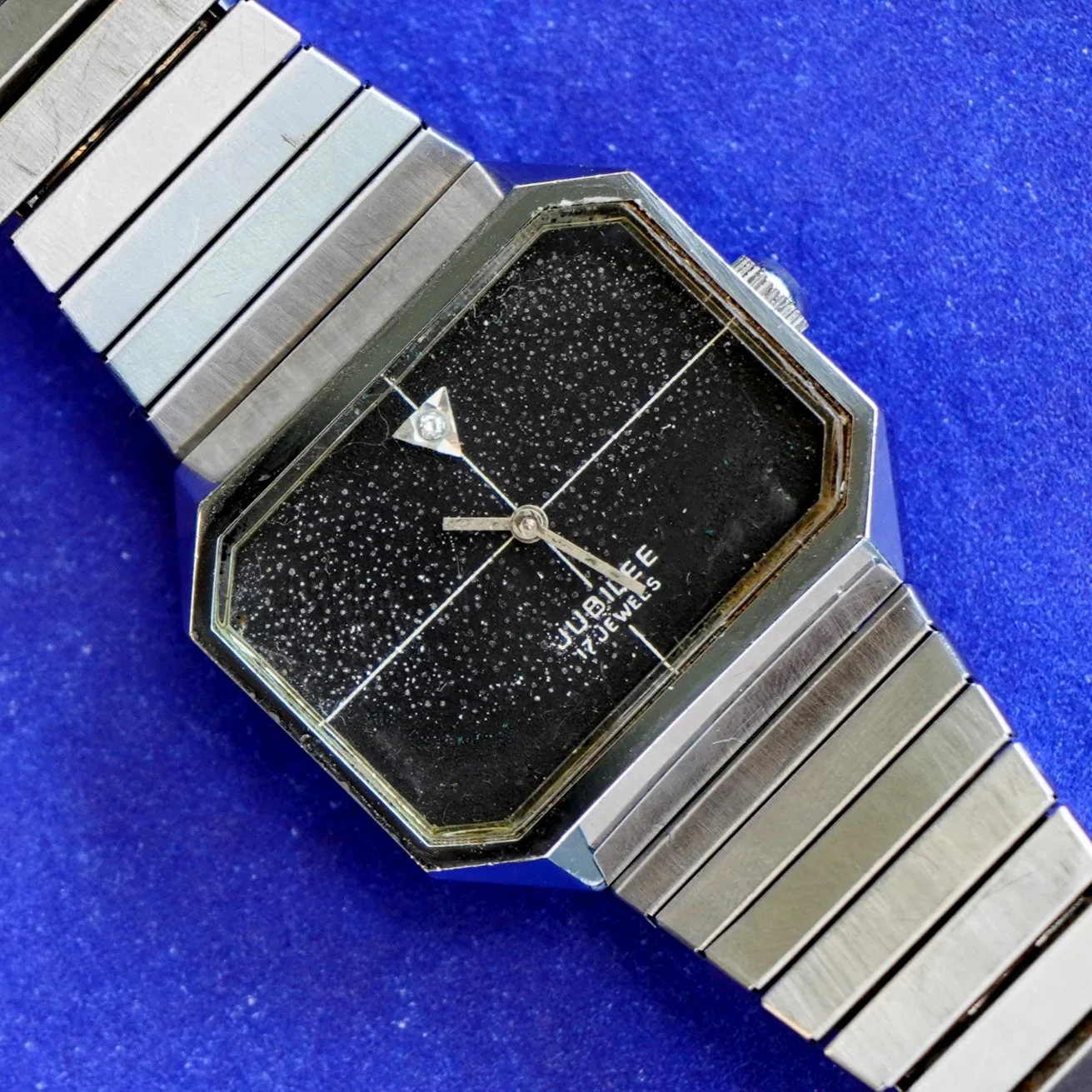Vintage JUBILEE Watch 17 Jewels Diamond Dial S.S. Flex Bracelet Octagonal Case Wristwatch - Image 6