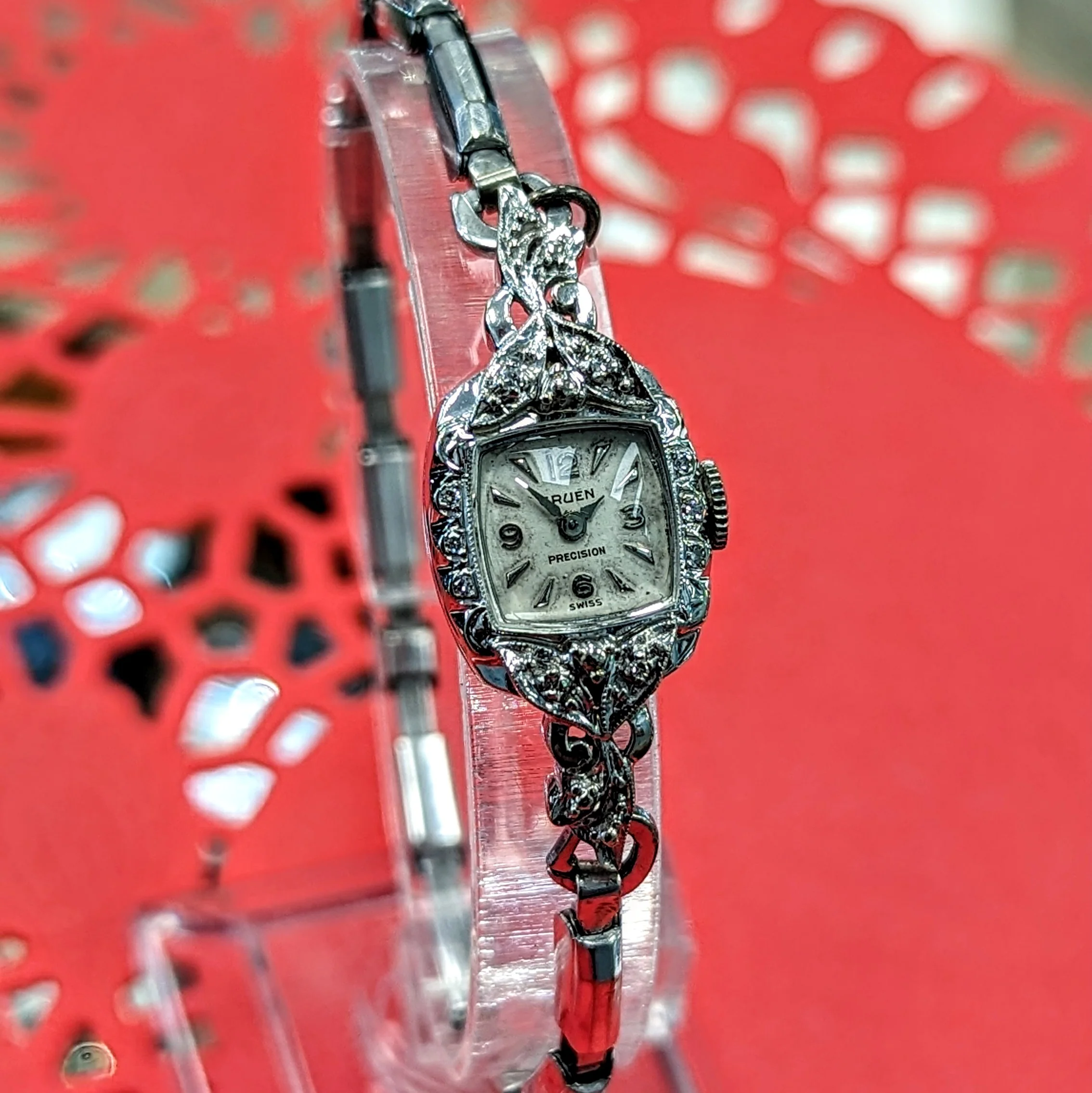 Ladies GRUEN Cocktail Watch 14K White GOLD Cal. 275 17 Jewels Vintage Wristwatch - Image 3