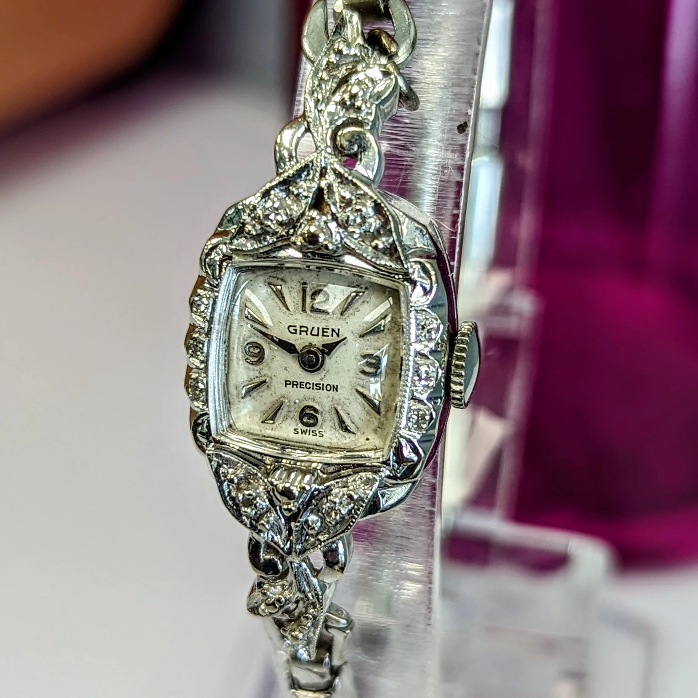 Ladies GRUEN Cocktail Watch 14K White GOLD Cal. 275 17 Jewels Vintage Wristwatch - Image 4