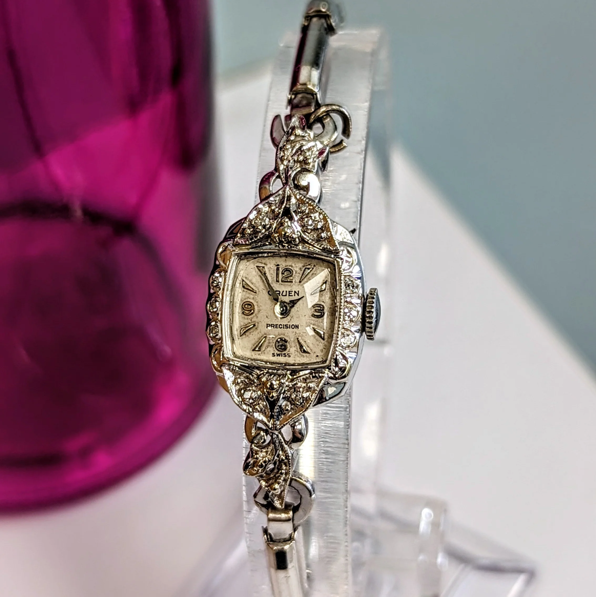 Ladies GRUEN Cocktail Watch 14K White GOLD Cal. 275 17 Jewels Vintage Wristwatch - Image 5
