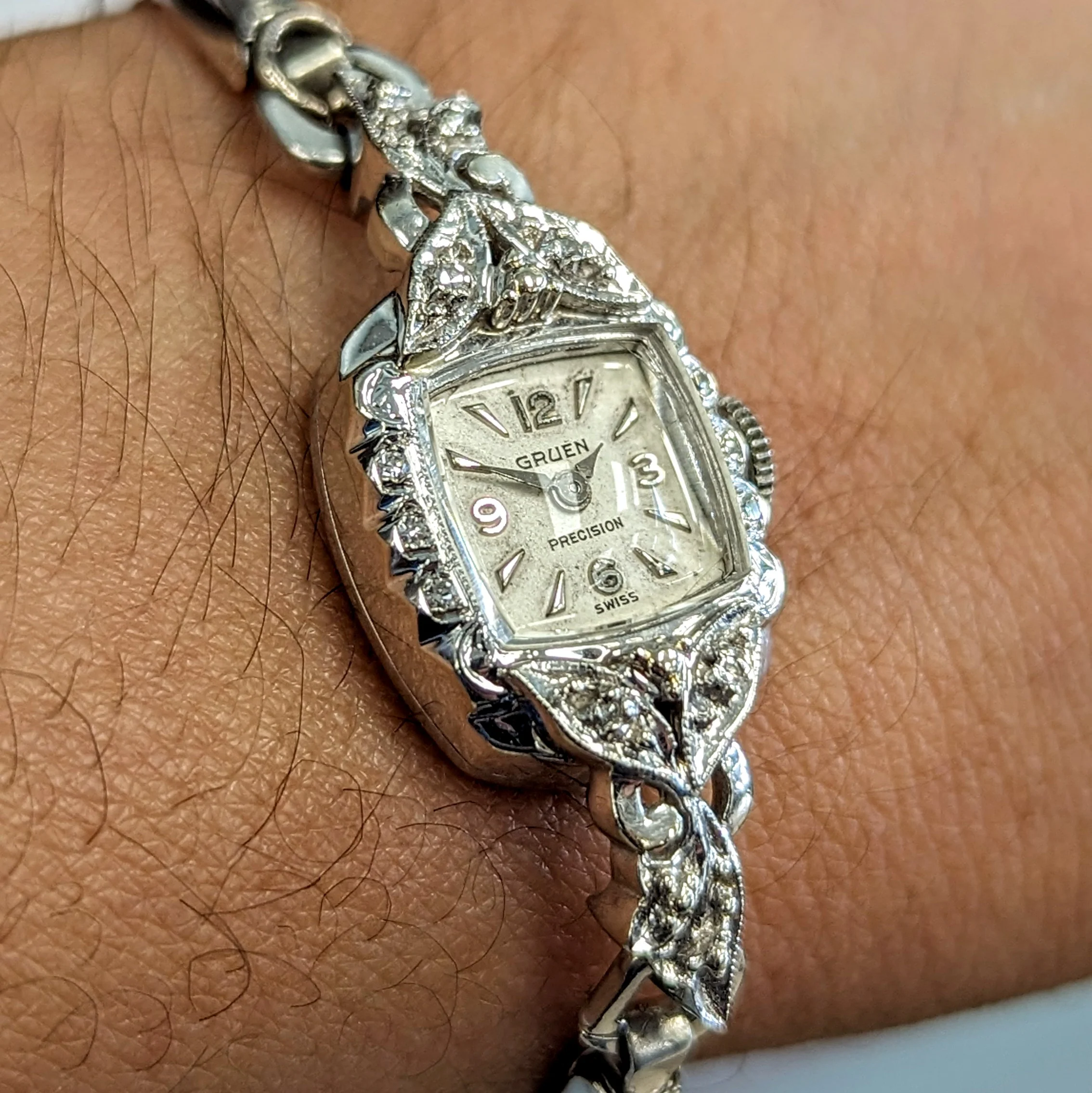 Ladies GRUEN Cocktail Watch 14K White GOLD Cal. 275 17 Jewels Vintage Wristwatch - Image 8