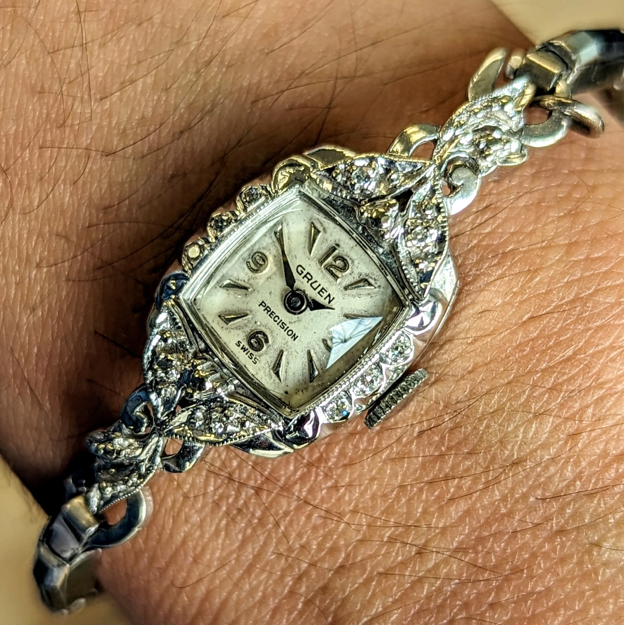 Ladies GRUEN Cocktail Watch 14K White GOLD Cal. 275 17 Jewels Vintage Wristwatch - Image 9