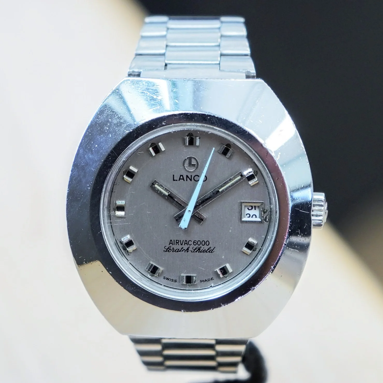 Vintage LANCO Airvac 6000 Scratch Field Watch Date Automatic Wristwatch - Original Bracelet ALL S.S.