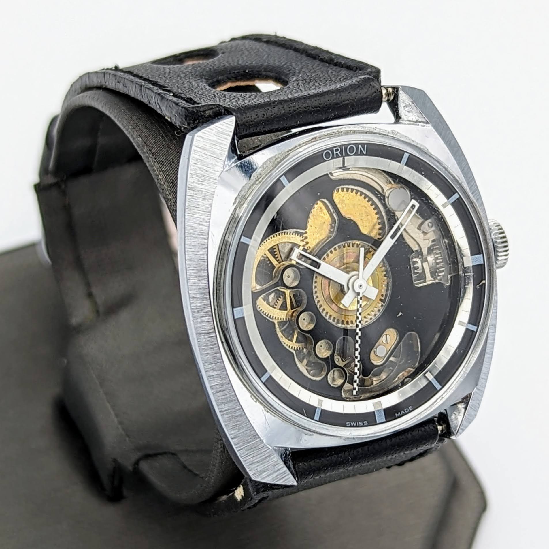 Vintage ORION Wristwatch Skeleton Design Watch Swiss Movement 1 Jewel Orig Strap - Image 3