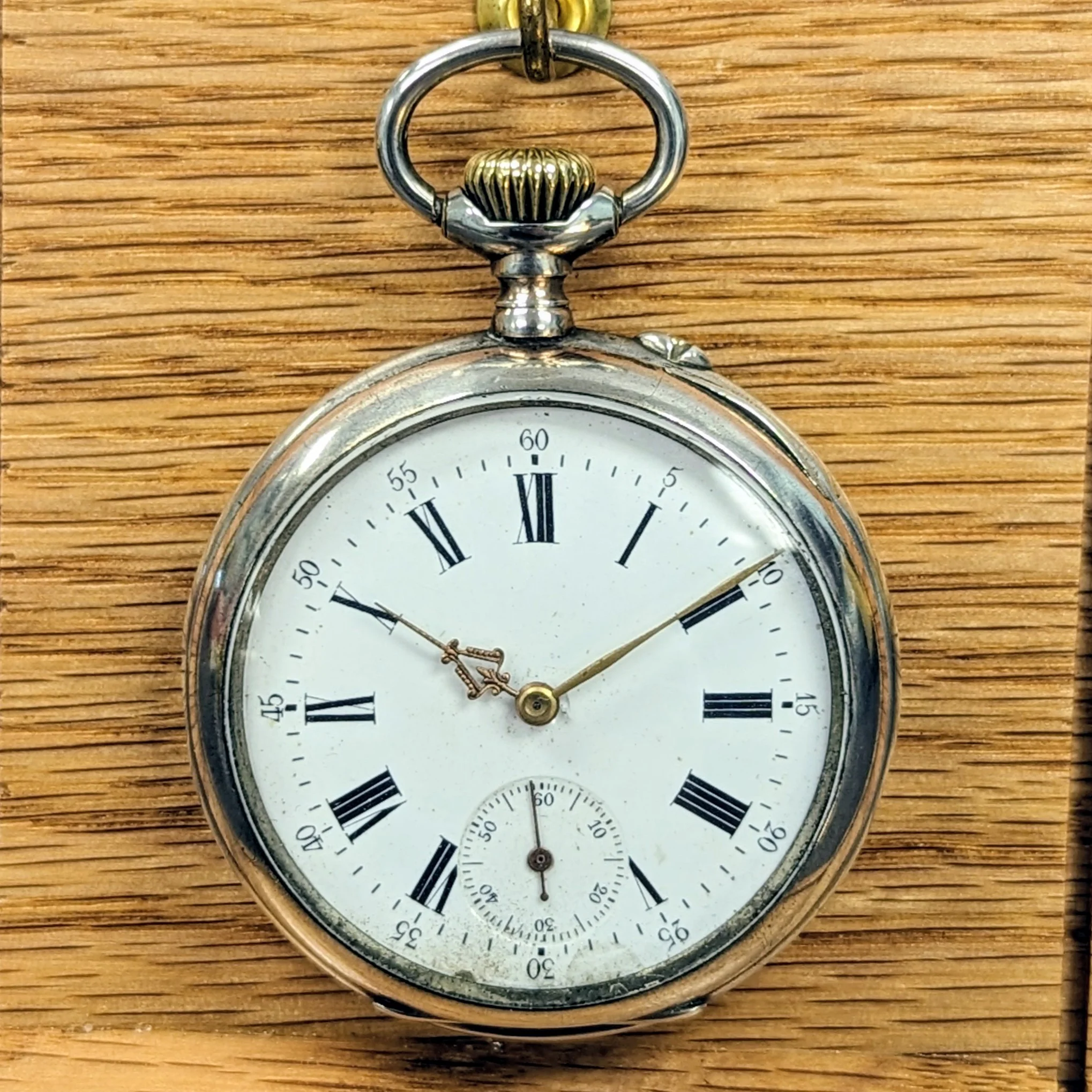 Vintage Swiss Pocket Watch Openface White Dial Roman Numerals Engraved Case