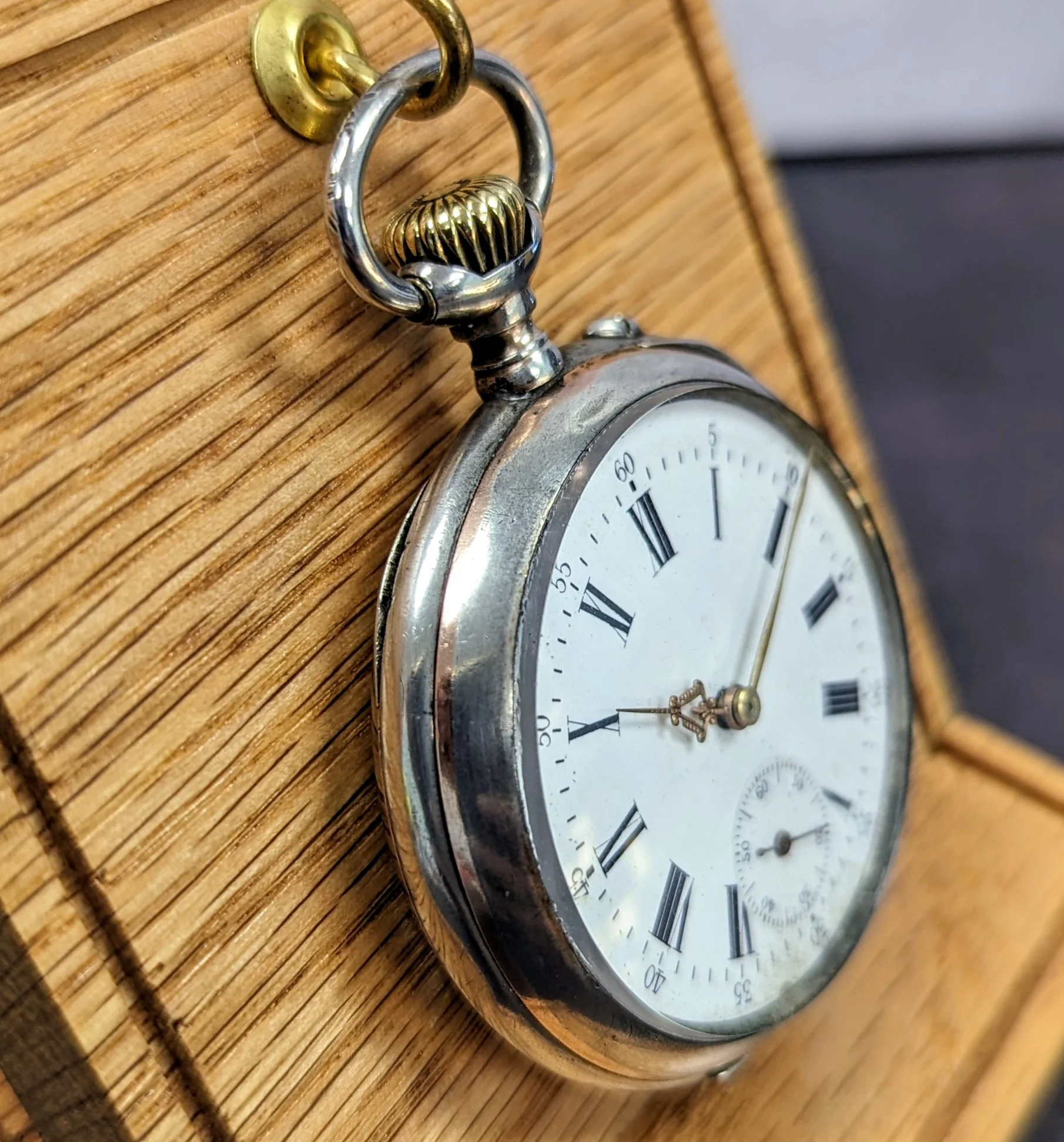 Vintage Swiss Pocket Watch Openface White Dial Roman Numerals Engraved Case - Image 6