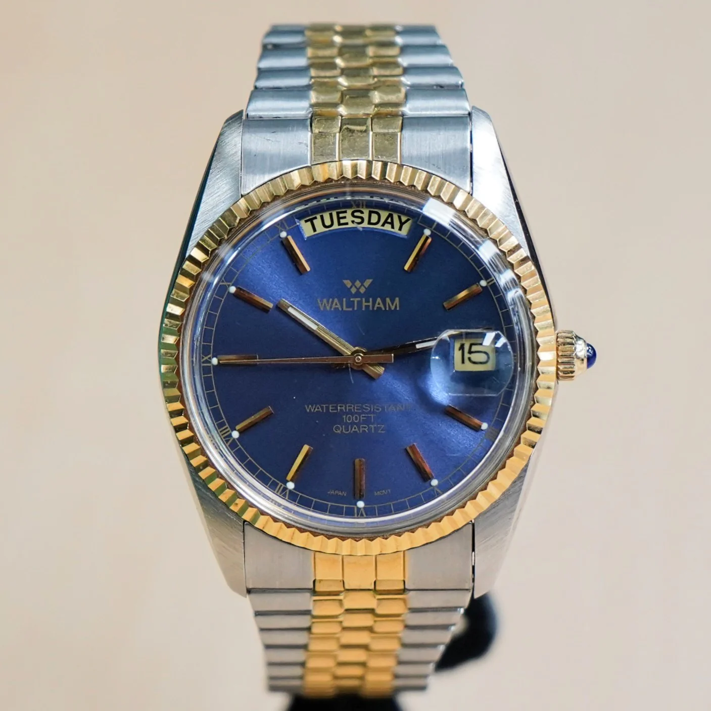 WALTHAM Day/Date Watch Waterresistant 100FT Quartz Wristwatch Blue Dial Two-Tone Case & Flex Band