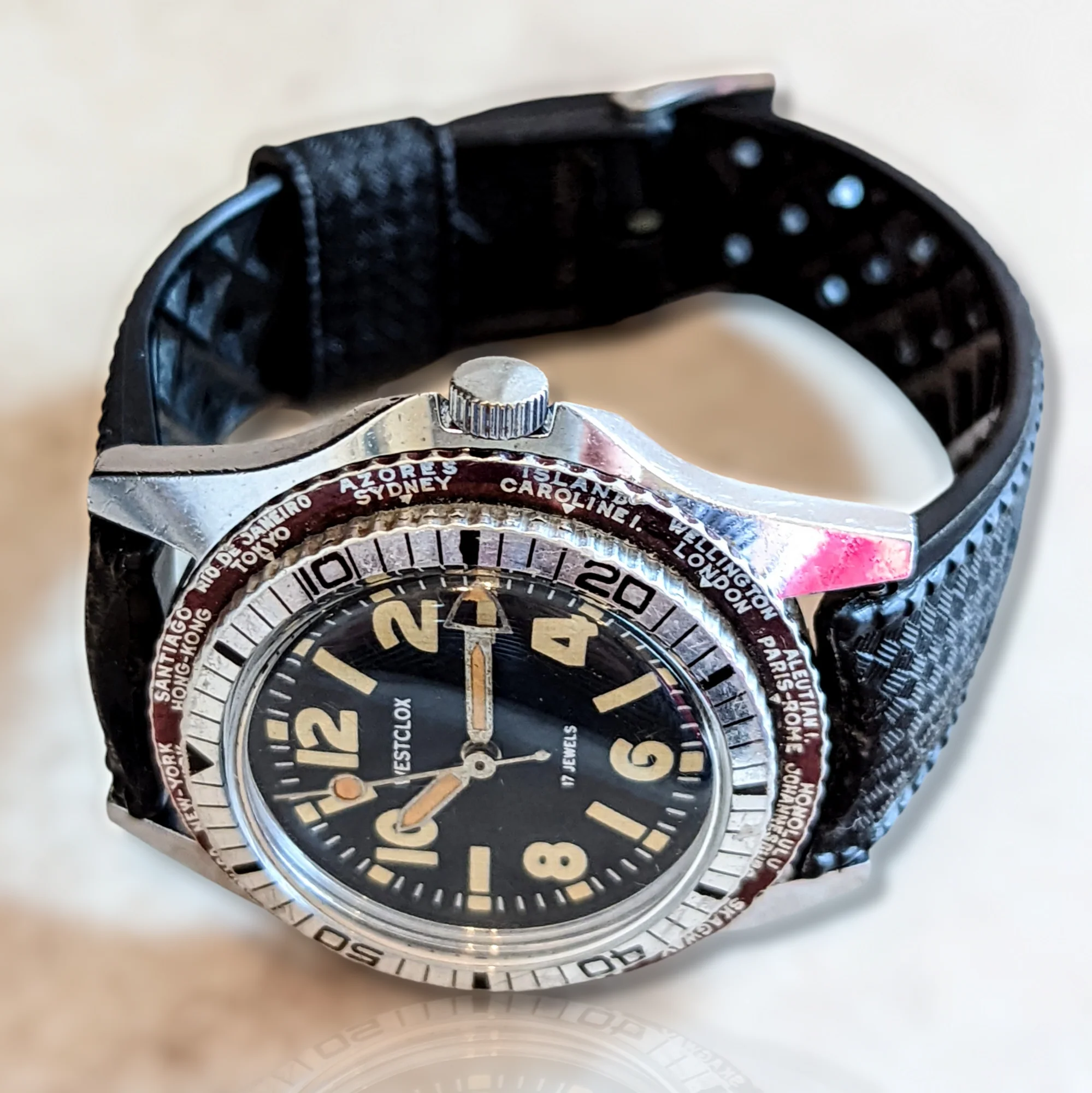 WESTCLOX Dual Bezel Diver Watch World Timer Wristwatch 17 Jewels - Image 6