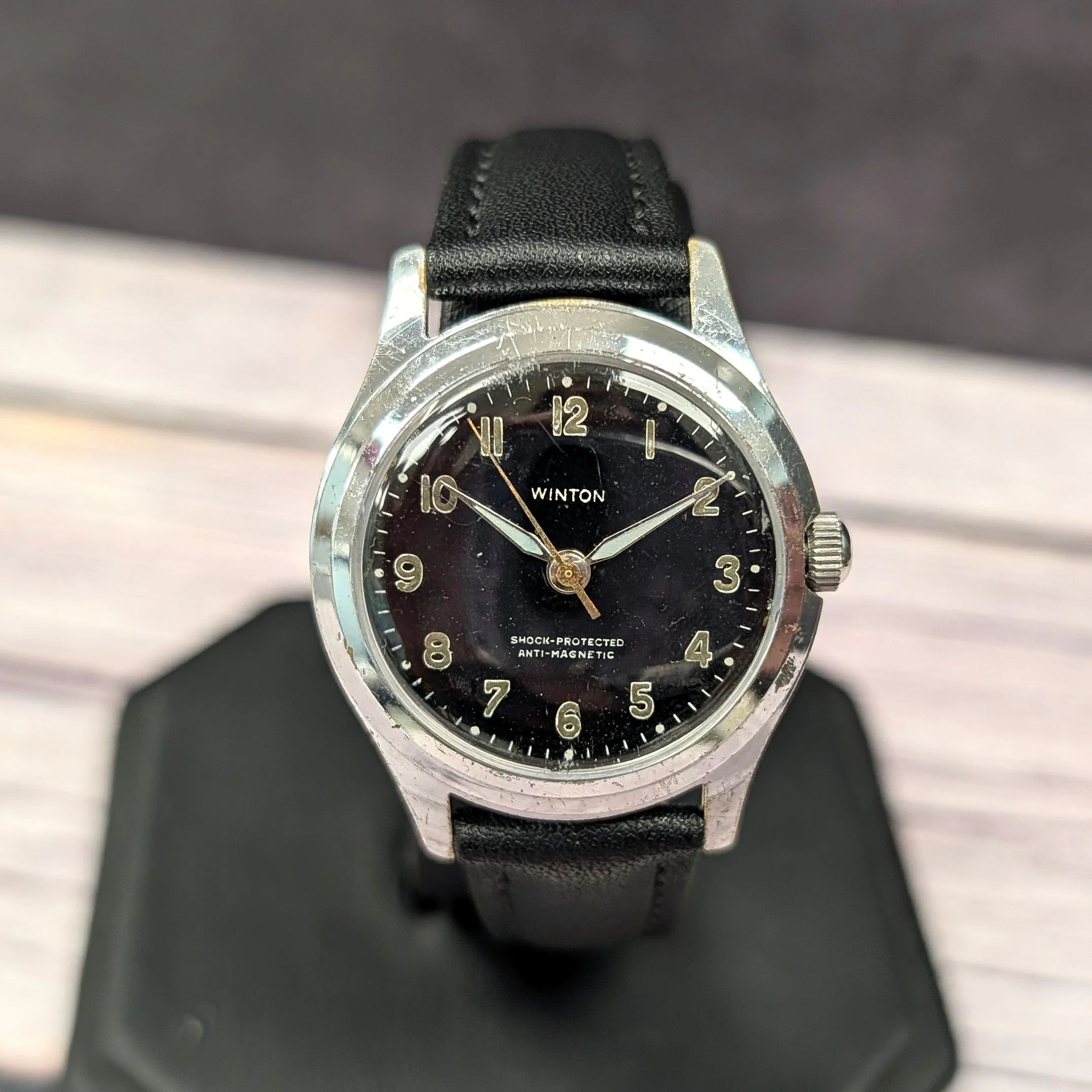 Vintage Winton Military Watch 17 Jewels AS 1686 Black Dial Swiss Wristwatch - Image 4