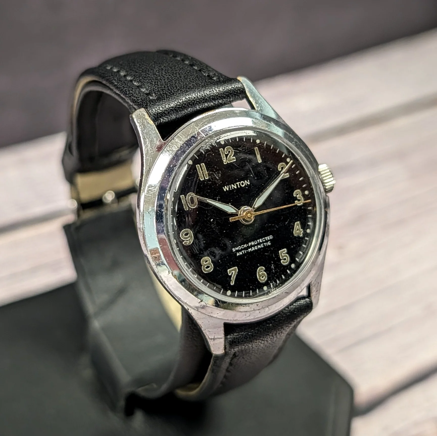 Vintage Winton Military Watch 17 Jewels AS 1686 Black Dial Swiss Wristwatch - Image 5